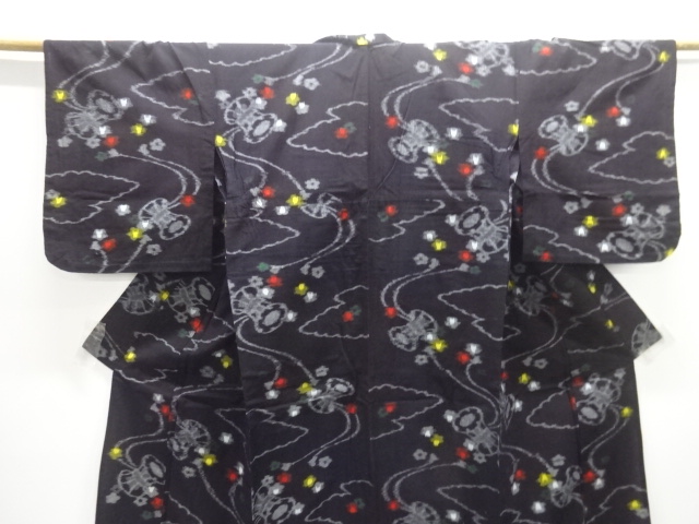  アンティーク　木綿本場久留米絣　鼓に花模様単衣着物